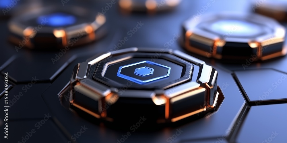 Aufkleber futuristic glowing blue hexagonal buttons embedded in dark honeycomb surface