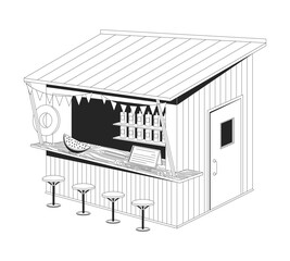 Tropical beach bar hut 2D line object. Summer vibe stand. Cozy beachside wooden kiosk with stools, bunting flags, slanted roof isolated clipart vector ink outline item. Monochrome spot illustration