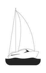 Minimalist white sailboat gliding on calm waters 2D line object. Floating vessel. Marine travel. Ocean journey. Sailing boat isolated clipart vector ink outline item. Monochrome spot illustration