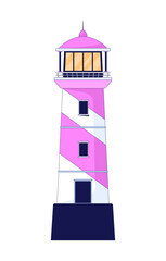 Striped lighthouse front view 2D cartoon object. Nautical beacon. Guiding light. Maritime tower. Watchtower navigation. Marine guide isolated element flat vector clip art on white. Spot illustration