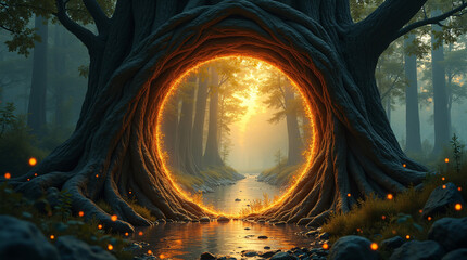 A magical forest path with glowing light, creating an enchanting and mystical scene.