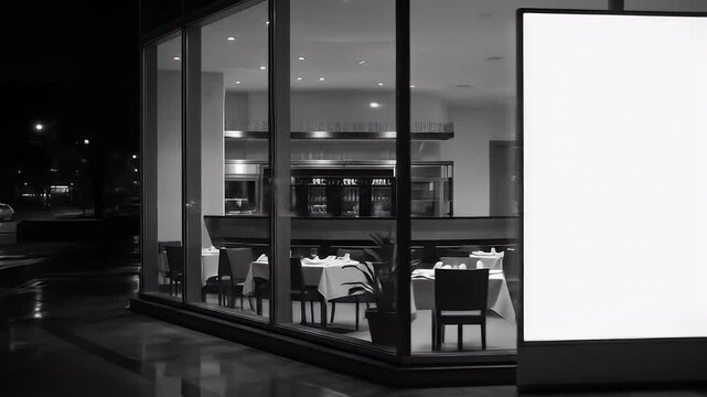 Restaurant mockup with white vertical menu frame at window-side dining table in modern black-and-white restaurant