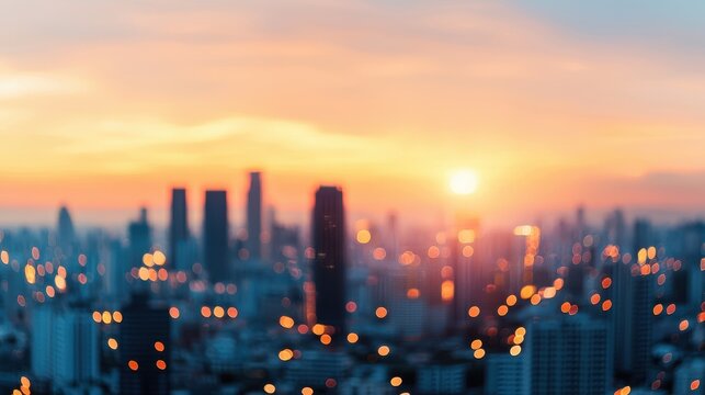 City Skyline at Sunset with Blurry City Lights Effect