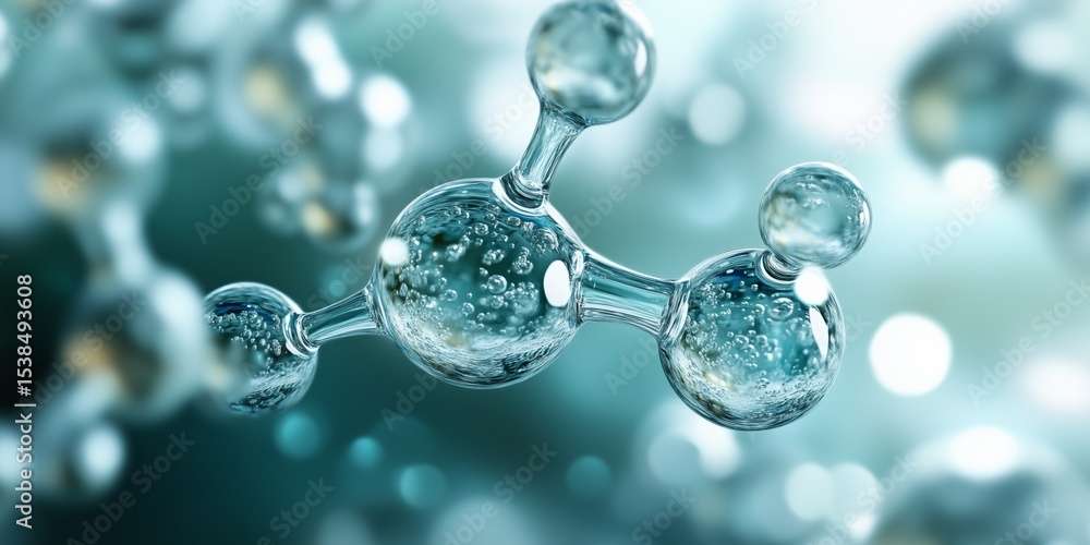 Poster transparent molecule model rotating on blurred background with small bubbles inside spheres