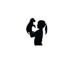 girl holding puppy in hands silhouette on white background
