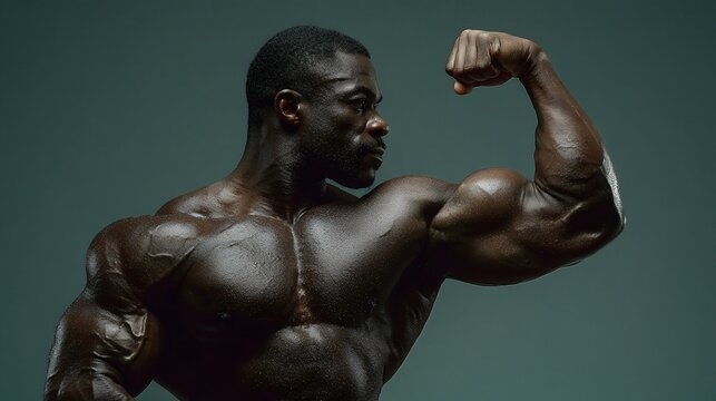 Bodybuilder flexing arm muscles in studio shot with dramatic lighting and strong pose - Powered by Adobe
