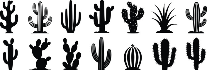 Various Cactus and Succulent Plant Silhouettes, Ideal for Southwestern, Desert, Botanical, and Arid Landscape Designs