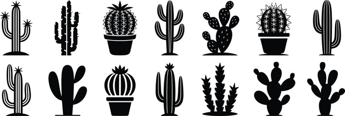  Various Cactus and Succulent Plant Silhouettes in Pots and Deserts, Ideal for Southwestern, Desert, and Botanical Designs