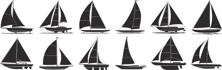 Classic Sailboat and Yacht Silhouettes Collection, Ideal for Nautical, Marine, Sailing, and Ocean-themed Designs