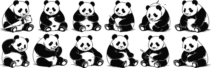 Adorable Giant Panda Bear Silhouettes in Various Sitting and Eating Bamboo Poses, Perfect for Wildlife and Nature Designs © Su Joy Creatives