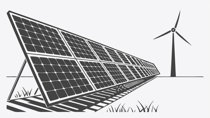 Illustration of solar panels array and wind turbine on a field in monochrome style design concept