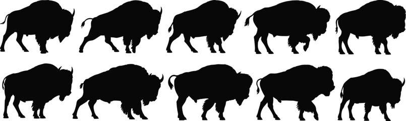 Mighty Bison and Buffalo Silhouettes in Various Poses, Ideal for Wildlife, North American, and Prairie Animal Designs