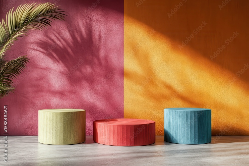 Poster pixel perfect picture of 3d rendering of colorful podiums with smooth textures against a playful bac