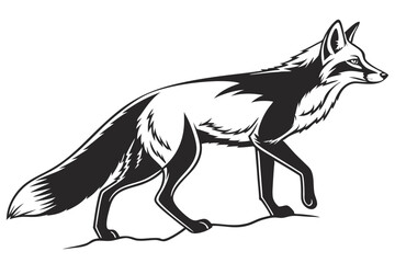 Striking illustration depicts a fox calmly walking, rendered in a bold black and white style