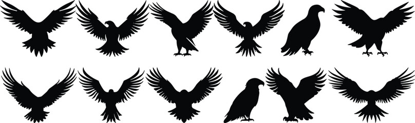 Majestic Bald Eagle Silhouettes in Flight and Landing Poses, Symbolizing Freedom, Strength, and American Pride for Nature Designs