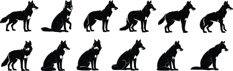  Majestic Wolf Silhouettes in Various Poses, Including Standing, Howling, and Hunting, Perfect for Wildlife and Nature Designs