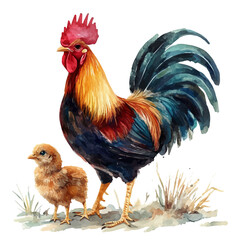 A Mother Rooster With Her Kid, watercolor painting vector, isolated on a white background.