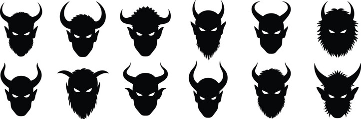 Demonic and Devil Head Silhouettes with Horns and Glowing Eyes, Ideal for Halloween, Fantasy, Horror, and Mythological Designs