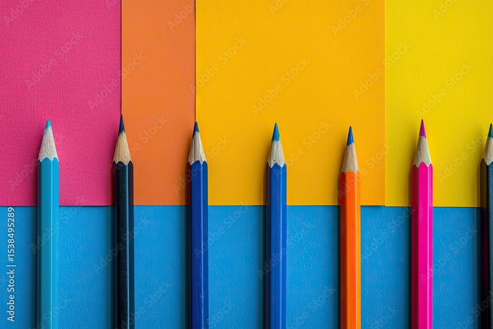 Poster high definition view of school supplies in a row on a multicolored paper background