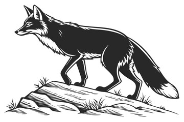 Isolated fox carefully walks on the textured rock ledge in a sleek monochrome style