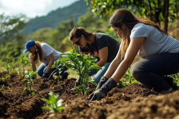 Volunteers plant trees in a deforested area to restore the environment and contribute to reforestation efforts in their local community