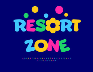 Vector Playful poster Resort Zone. Joyful Bright Font for Kids. Colorful Alphabet Letters and Numbers set