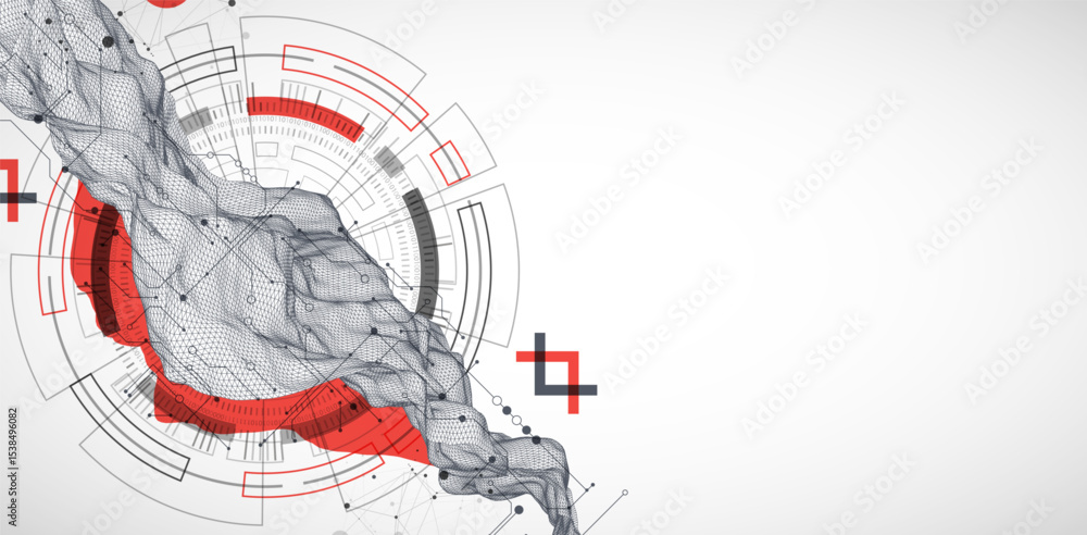 Fototapete Abstract data background with wireframe wave and circuit lines. Technology concept. Vector