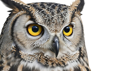 Owl Portrait with Intense Gaze and Sharp Beak, Isolated on White