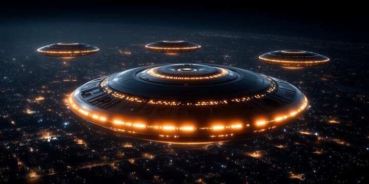 Four spaceships with glowing lights hovering above a city at night