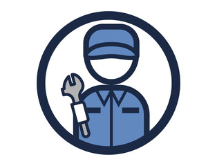 スパナを持った整備士のシンプルな丸いカラーイラストアイコン