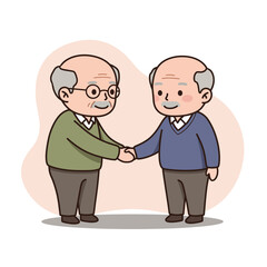 Fototapeta premium Elderly men shaking hands with smiles in a minimalistic background 