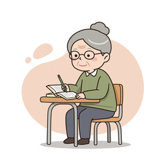 Elderly woman studying while writing notes at a desk in classroom  