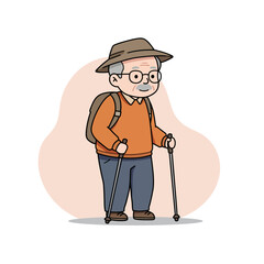 Elderly man with walking poles standing and smiling in orange sweater  