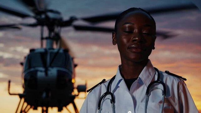 Heroic paramedic posing at sunset with helicopter