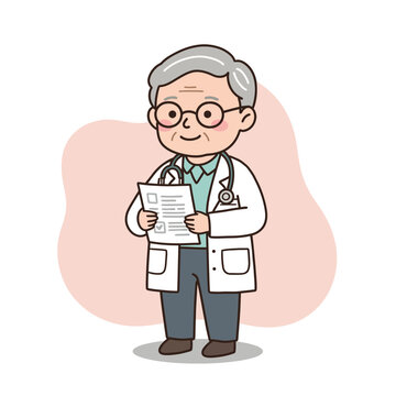 Senior doctor with medical paperwork smiling in white coat  