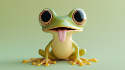 A frog with a tongue sticking out is the main focus of the image. The frog is smiling and he is happy. The image has a playful and lighthearted mood, as the frog's tongue sticking out is a humorous