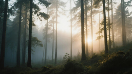Fototapeta premium Ethereal Light in a Misty Pine Forest