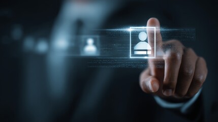 A businessman interacting with digital profiles in a futuristic interface.