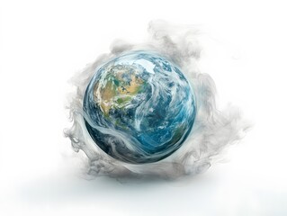 A depiction of planet earth enveloped by smoke against a stark white background in a digital rendering