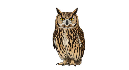 Standing Owl Illustration with Brown and White Feathers on White Background