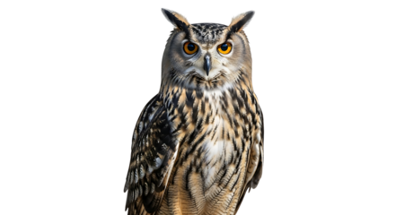 Owl Standing Alert, Isolated on White Background