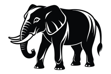 An isolated monochrome silhouette presents a majestic standing elephant with detailed line work defining its form