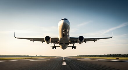 Naklejka premium Airplane Taking Off on Runway with Bright Sky and Sunrise