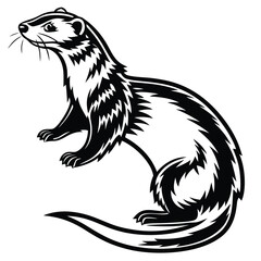 Standing monochrome ferret poses with its body arched in an elegant manner on white