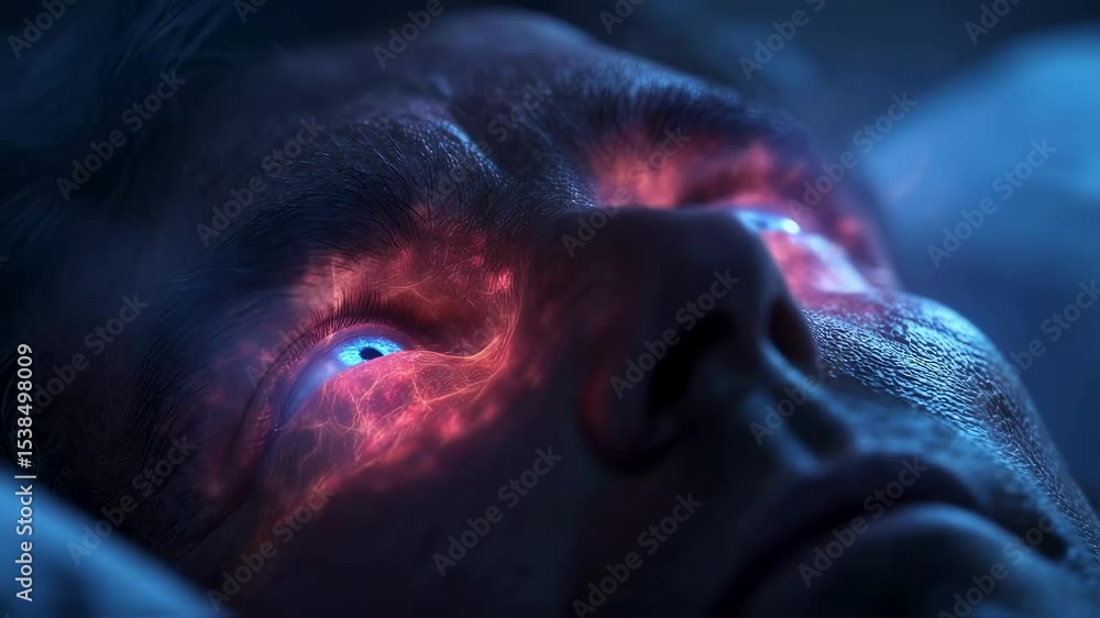 Poster visualization of intense brain activity during rem sleep, represented by glowing eyes and neural net
