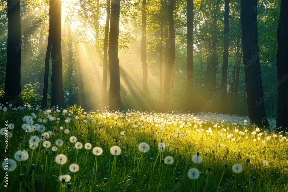 Poster sunlight filters through lush trees illuminating a dandelion-filled forest at dawn, creating a seren