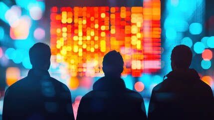 People Watching Digital Display in Urban Night Setting