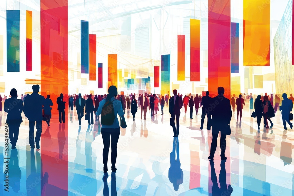Poster businesspeople engage actively in a vibrant conference environment filled with colorful displays and