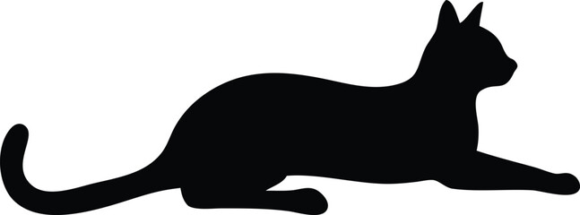black cat silhouette in a relaxed, lying-down pose, isolated on white. Ideal for pet comfort themes, animal rest, or calm background elements