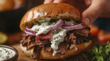 Gourmet Burger with Red Onion, Sauce, and Meat, Close-Up, Hand Holding